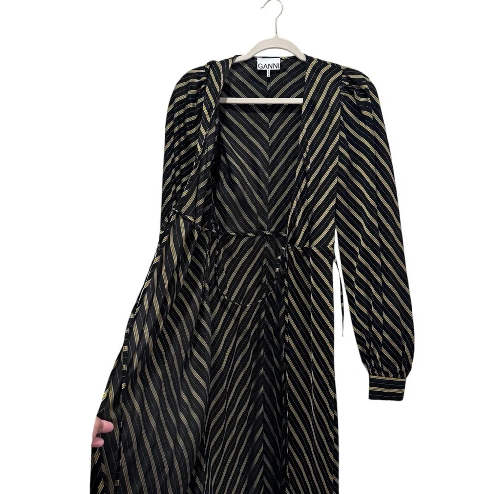 GANNI Striped Long Sleeve Wrap Maxi Dress Size EU 36/S/US 4 Black Gold - Picture 11 of 16